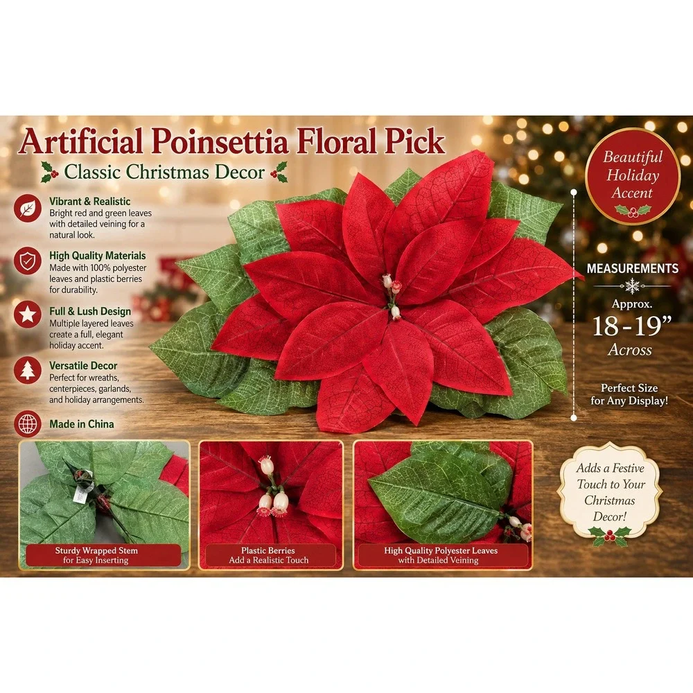 Artificial Poinsettia Floral Pick Red Christmas Decor 18-19 Inch Large Stem
